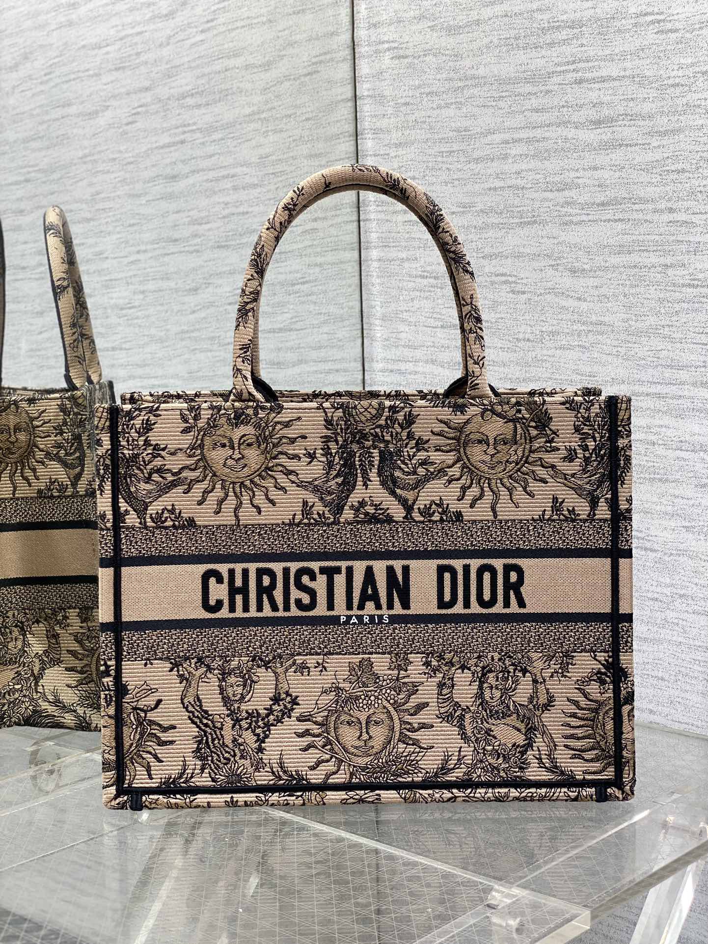 Medium Dior Book Tote Bag Beige and Black Toile de Jouy Soleil Embroidery